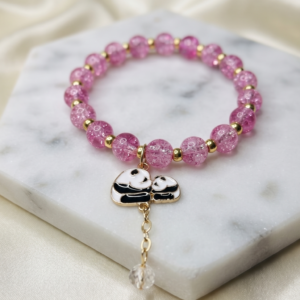 Pink Crackle Glass Panda Beaded Bangle